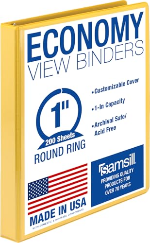 Samsill 1 Inch 3 Ring Binder Economy Round Ring Clear View Cover 200 Sheet Capacity - for School Home Office - Lemon Yellow