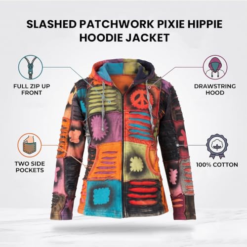 Image of Shopoholic Fashion Slashed Patchwork Pixie Hippie Hoodie Jacket for Women, Lightweight Zip Up Sweater Cardigan