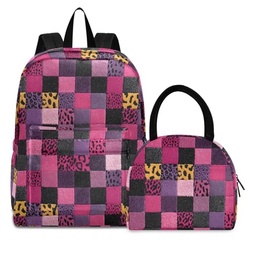 Leopard Checkered Print Backpack Set with Lunch Bag, Large Capacity Travel Backpacks and Lunch Box Insulated for Commute Hiking Picnic