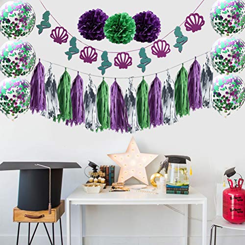 Banner com tema de sereia, balões de látex de papel, borlas de flores, linda faixa de aniversário pa