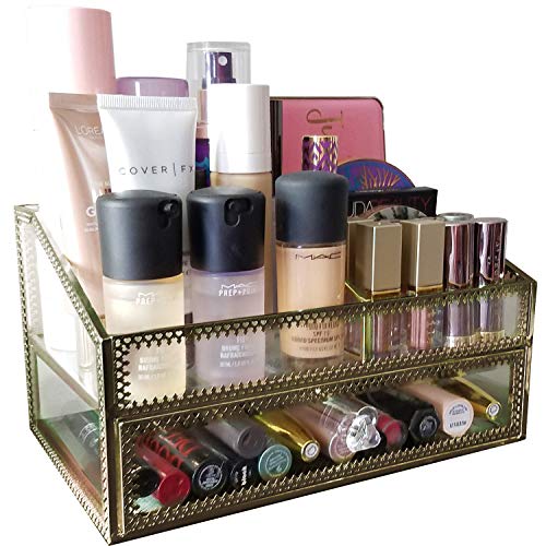 Metal Glass Large Accent Glass with Gold Trim Decorative Cabinet Decorative Keepsake Box/Mirror Clear Drawer Storage/Vintage Jewelry Organizer for Bathroom/Countertop (brass)