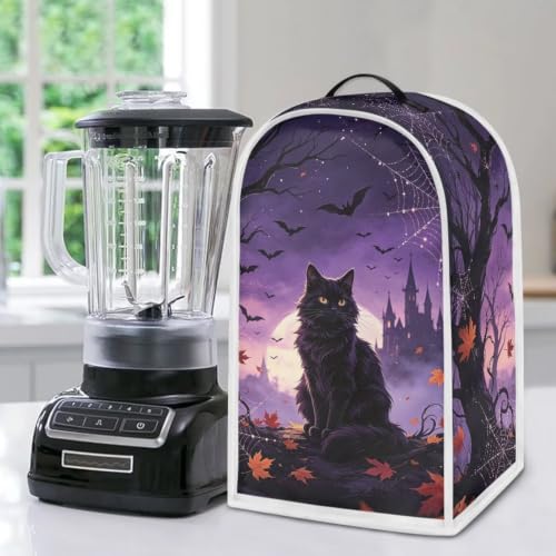 Image of Leaves Black Cat Blender Dust Cover, Anti Fingerprint Polyester Stand Mixer or Coffee Maker Appliance Protector, Machine Washable Blender Cover for Kitchen Appliance Halloween Party