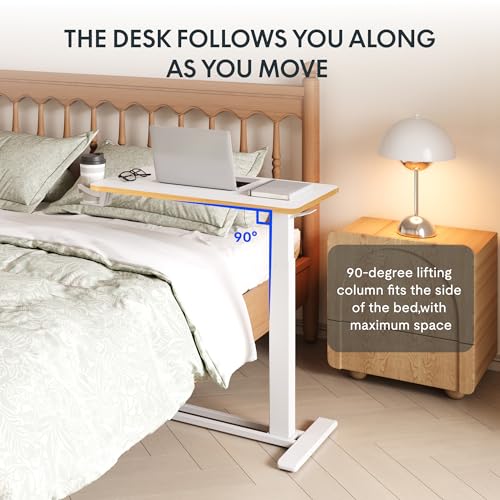 Image of FLEXISPOT H7 Adjustable Overbed Bedside Table with Wheels Pneumatic Mobile Standing Desk Laptop Desk Rolling Computer Cart Movable Overbed Table Hospital Home Use(27.6 inch W x 15.7 inch D, White Maple)