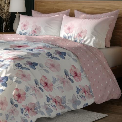 Image of LANE LINEN 400TC Morrison Bloom Super King Size Bedsheet with 4 Pillow Cases | 100% Cotton Digital Print Bedding Set (2.74 M x 2.74 M) | Modern Floral Pattern for Luxurious Comfort (Pink & Blue)