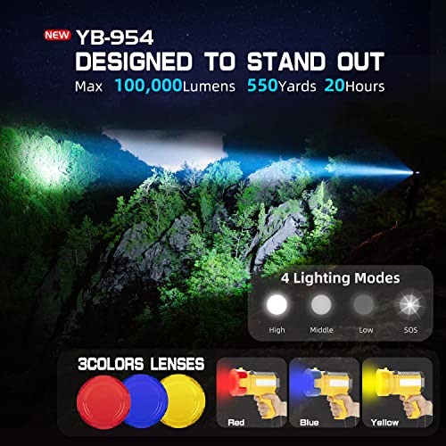 Yierblue Solar & Rechargeable Spotlight Flashlight, 200000 High Lumen Outdoor Handheld Spot Lights With Flood Light Searchlight, Foldable Stand And 3 Colors Lenses For Boating Hunting And Camping #TOP1