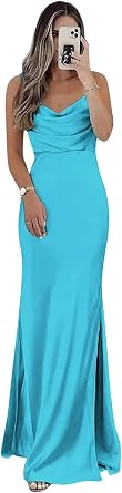 zcbang Womens Bridesmaid Dresses for Wedding 2026 Satin Cowl Neck Long Formal Evening Party Gowns with Slit