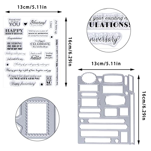 Sucrain 2pcs Metal Dies Cut and Clear Silicone Stamp, for Card Making Paper Craft Scrapbooking Album DIY, Sentiment Words Stencils Carbon Steel Embossing Template - Thumbnail 2