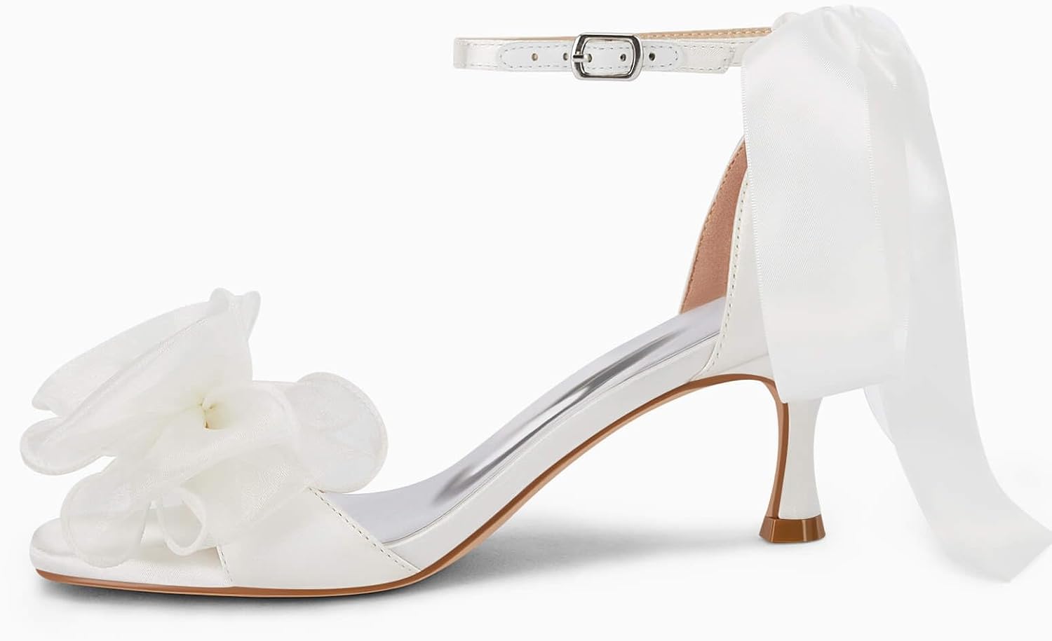 Coutgo Womens Bow Kitten Heels Sandals Square Open Toe Ankle Strap Satin Ribbon Wedding Dress Shoes - Image 4