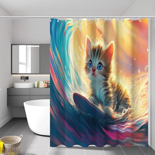 Rideau de douche vagues et chaton mignon en polyester imperméable 180x200cm