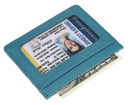 DKER Handmade Genuine Leather Unisex Slim Super Thin Card Holder With ID Card Window - Light Blue