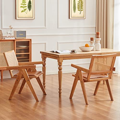 Stary Mid Century Modern Leather Rattan Dining Room Chair, 1 Pcs, Original Wood #TOP1