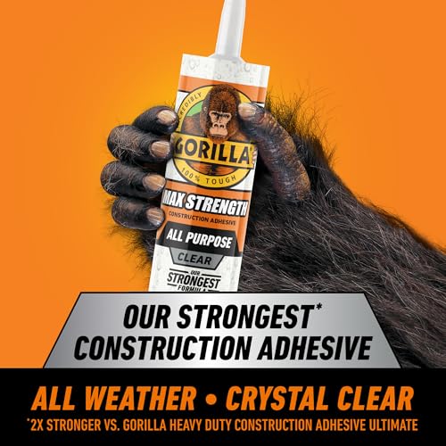Image of Gorilla Max Strength Construction Adhesive, 9 oz Cartridge (Pack of 3), Clear, Waterproof Gap-Filling Formula for Wood Metal Tile Stone Glass Mirror Indoor Outdoor, Paintable Sandable