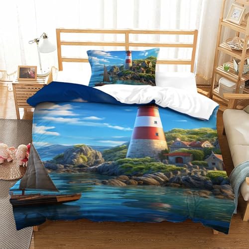 Housse de couette 135x200 cm imprimée 3D microfbre Le Phare parure de lit avec taie - 2