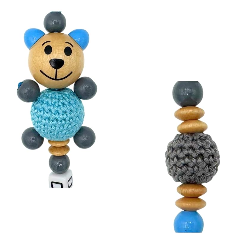 Set Nuckelkette + Kinderwagenkette mit Namen " 3D - BÄR MIT HÄKELKÖRPER " Skyblau Grau Natur/Baby/Unisex/Personalisiert/HANDMADE