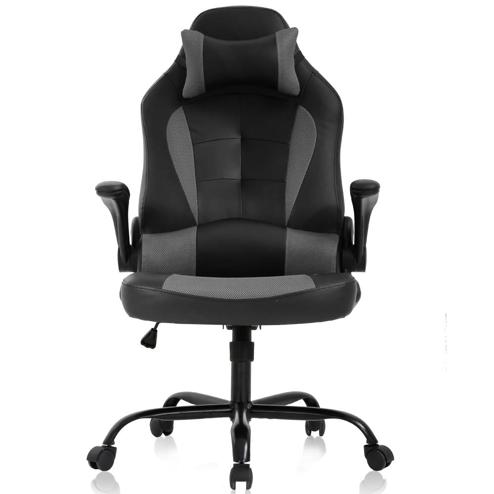 Ergonomic Gaming Chair - High Back Office Desk Chair with Lumbar Support & Flip-Up Arms, PU Leather Computer Swivel Task Chair, Adjustable Headrest