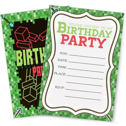 Pixel Birthday Invitations for Boys Video Gaming Invites with Envelopes 20