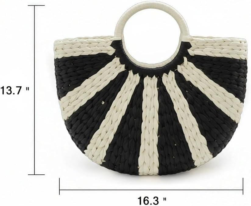 Simple Retro Semi-circle Rattan Straw Bag Hand-Woven Round Handle Handbags Summer Beach Bag Tote Straw Bag Purse (Blue&Beige)