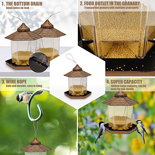 Mangeoire à Oiseaux, Mangeoire Oiseaux Exterieur, Mangeoire à Oiseaux Suspendue, Grande Capacité étanche Hexagonale Jardin Mangeoire à Graines pour Oiseaux Sauvages Suspendue (Marron) – Image 6