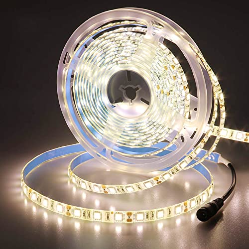 JOYLIT 12V LED Strip Lights 5M Warm White 3000-3500K IP65 Waterproof, 300LEDs SMD 5050 Flexible Cuttable Tape Light for Kitchen Cabinets, Bathroom, Mirror, Outdoor (Without Power Supply)