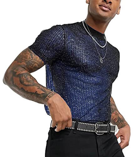 AIEOE Homme Sexy T-Shirt à Paillettes Respirant Clubwear Transparent Haut en Gaze Col Rond Bleu FR Taille L/Label Taille XXL