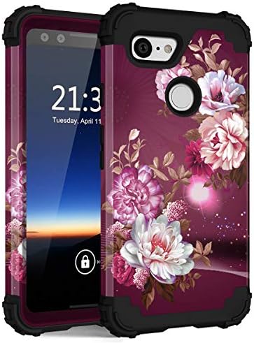 Hocase Pixel 3 Case, Shockproof Heavy Duty Protection Hard Plastic+Silicone Rubber Case Hybrid Dual Layer Protective Phone Case for Google Pixel 3 2018 w/ 5.5" Display - Burgundy Flowers