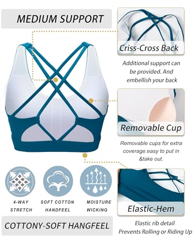 Image of Sports Bras for Women, Medium-High Support Strappy Padded Running Sports Bras with Removable Cups