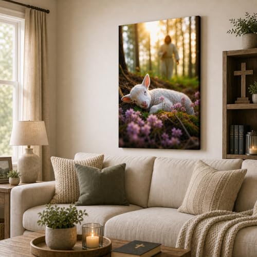Image of Jesus and Lamb Canvas Wall Art Jesus Runs for the Lost Sheep In Spring Forest Picture Wall Art Canvas Print Christian Home Decor 24x30 inch