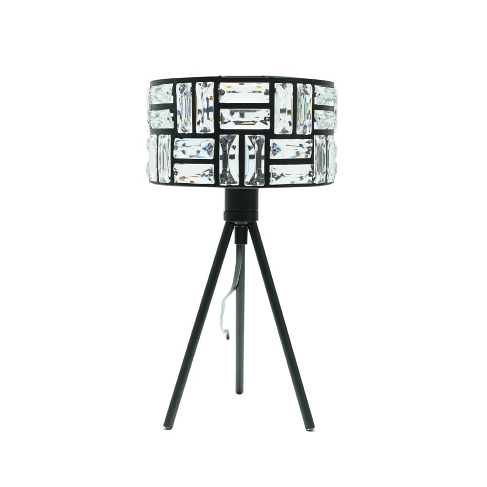 ValueLights | Black Tripod Table Lamp with Clear Acrylic Jewel Drum Lampshade Living Room Bedside Light | Table Lamps, Home Décor & Improvement Essential | Included LED Bulb