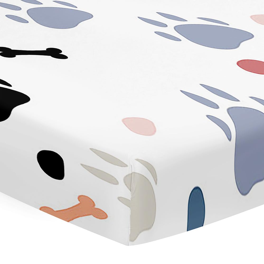 Odot Cot Bed Fitted Sheets Travel Cot Sheets, Cute Dog Paw Print Microfiber Mattress Protector Cozy Breathable Toddler Baby Kids Bedding for Cradle, Cribs, Bassinet (Gray,75x30cm)