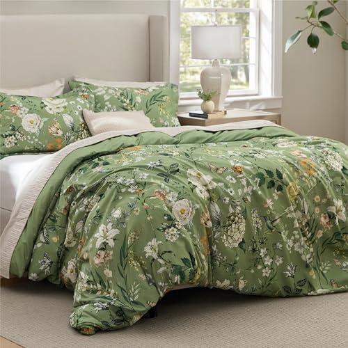 Image of Bedsure Comforter Set Full Size - Cute Floral Bedding Comforter Set, 3 Pieces, 1 Soft Reversible Olive Green Woodland Floral Flowers Comforter and 2 Pillow Shams