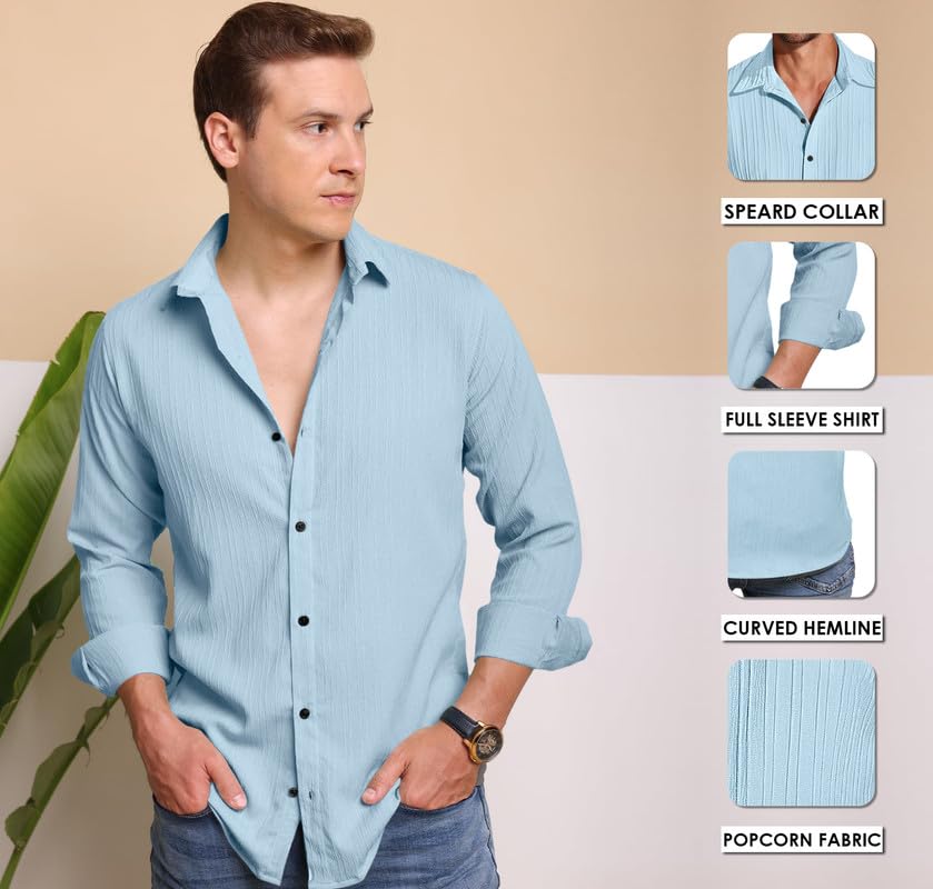 Image of Macsivo Men's Popcorn Shirt with Spread Collared Long Sleeve Button Down Closure Curved Hem Length | Linen Shirt for Man