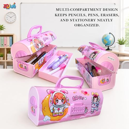 Image of Password Lock Compass Box for Kids, Cute Space Girl Theme Pencil Box with Handle, Large Capacity Stationery Organizer Case for Girls, Multifunctional School Pencil Case, Pink