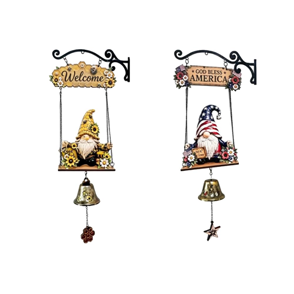 2Pcs Rustic Gnome Welcome Bell, Handmade Farmhouse Doorbell Decor for Porch
