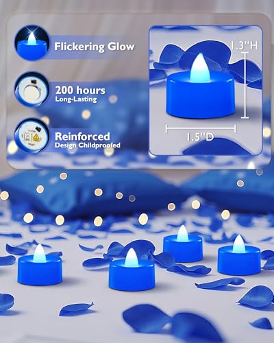 Image of Amagic 30 Pcs Blue Flickering Flameless Tea Lights Battery Operated, 200+ Hours Long Lasting Colored Candles for Wedding, Table Centerpiece, Home Decor, Gift, Party, Halloween, Christmas, Proposal