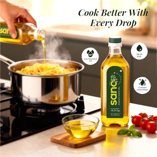 Image of SANO Pomace Olive Oil 1Litre | Imported from Spain | MUFA-Rich Edible Oil | High Smoke Point | Cholesterol and Trans Fat-Free | Ideal for Deep Frying, Frying, Roasting, Grilling and Baking