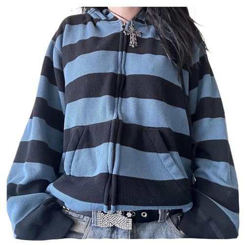 Mtsebmves Women's Zip Up Hoodie Sweatshirt Long Sleeve Oversized Casual 90S Y2K E-Girl Streetwear Grunge Jacket with Pocket (Blue, M)