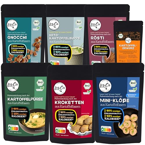 LOW CARB Kartoffelprodukte | 95% weniger Kohlenhydrate = KETO | 60% weniger Kalorien | protein- und ballaststoffreich | bio inkl. Kartoffelgewürz (Probierbox klein)