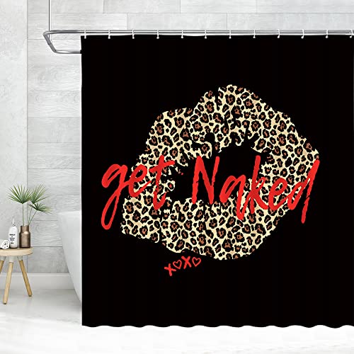 Muenkkcs Leopard Print Lips Shower Curtain Get Naked Funny Words Black Red Modern Fashion Girls Lady Woman Cheetah Art Classic Romantic Bathroom Decor Curtain Set With Hooks #TOP2