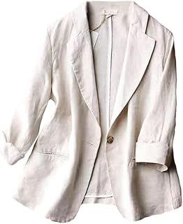 Women's Casual One Button Linen Blazer Jackets Lapel 3/4 Sleeve Suit Blazer
