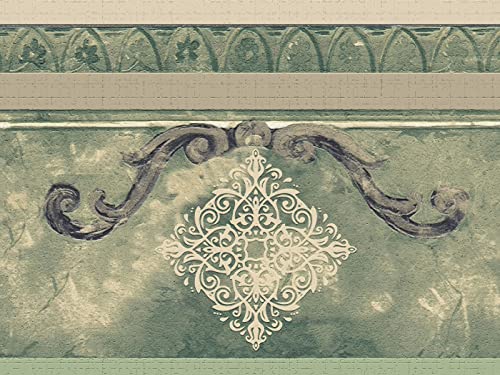 Dundee Deco Ddazbd9263 Peel And Stick Wallpaper Border - Abstract Green Damask Wall Border Retro Design, 15 Ft X 7 In (4.57M X 17.78Cm), Self Adhesive #TOP21