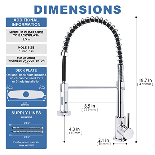 M Oudemei Commercial Pull Down Kitchen Sink Faucet With Dual Function Sprayer, Single Handle Spring Faucets With Deck Plate, High Arc Kitchen Faucet For 1 Or 3 Hole Easy Installation (Chrome) #TOP4