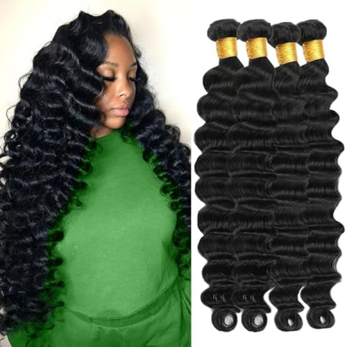 Loose Deep Wave Human Hair Bundles 100% Unprocessed Brazilian Virgin Remy Hair Extension (22 24 26 28 Inch) Natural Black Color for Women Soft and Full No Tangle and Shedding