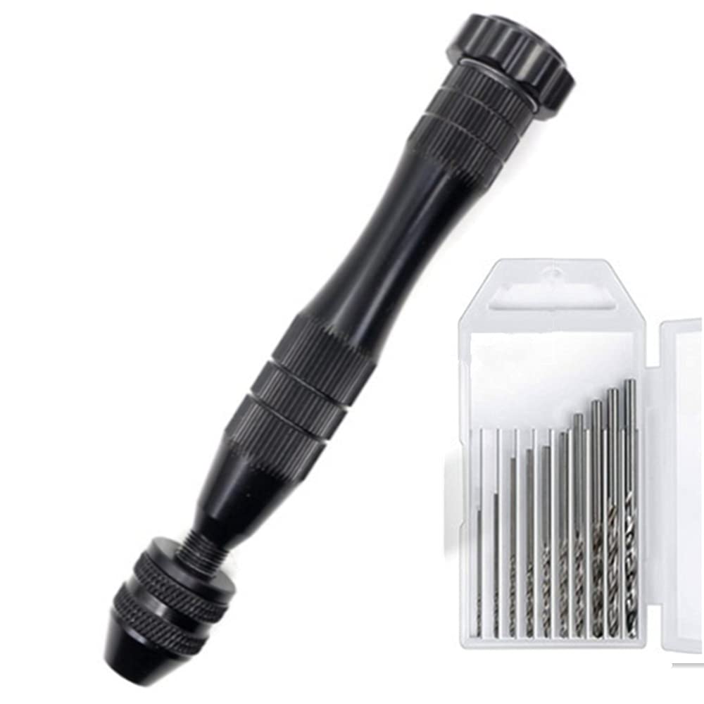 KINGFOREST Pin Vise Hand Drill for Resin Casting Molds, Steel Hand Drill with 10 PCS Drill Bits (0.8-3 mm), for Wood, Manual Work DIY, Jewelry, Assembling, Model Making(Black)