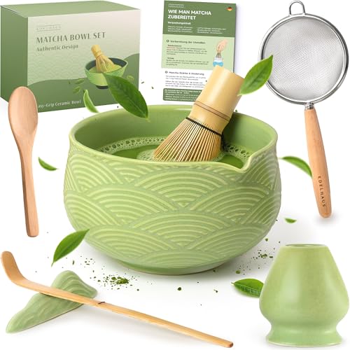 EDELHAUS Matcha Set (7 Teilig) Matcha Schale mit Besen, Sieb, Löffel - Einzigartiges Design Ceremonial Grade Matcha Tee Set (Grün) EDELHAUS Matcha Set (7 Teilig) Matcha Schale mit Besen, Sieb, Löffel - Einzigartiges Design Ceremonial Grade Matcha Tee Set (Grün)