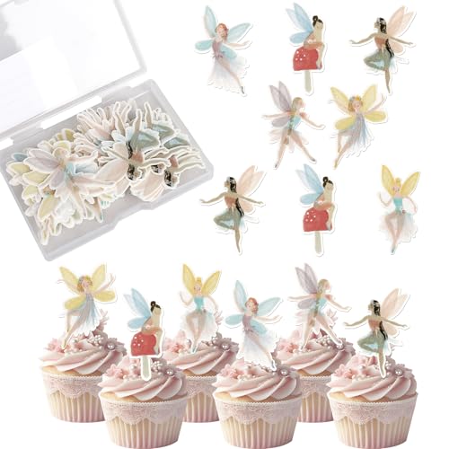 Rsstarxi 56 Pack Fairy Theme Edible Cupcake Toppers Rice Paper Flower Fairy Cupcake Picks for Baby Shower Wedding Kids Girls Birthday Party Cake Decorations Supplies