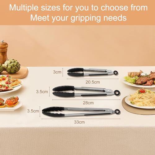 LESEED Pinza Cucina Silicone Set di 3, Pinze da Cucina Resistenti a Temperature Alte e Basse, con Blocco di Sicurezza per una Facile Conservazione, Pinze Cucina Ideali per Barbecue e Cucina (Nero)