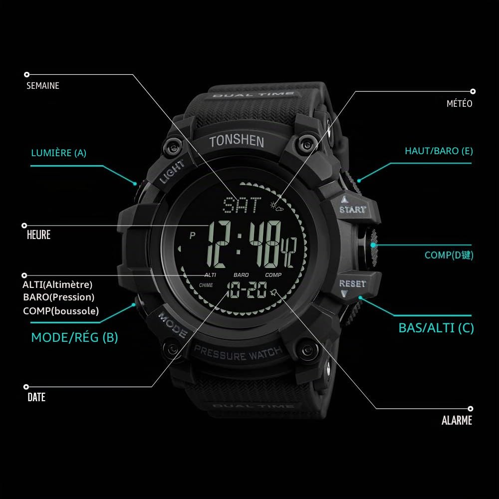 TONSHEN Multifonctionnelnel Outdoor Sport Montre de Homme Plastique Caisse et Caoutchouc Ruban LED Électronique Digitale Boussole Altimètre Thermomètre Pédomètre Montres Bracelet