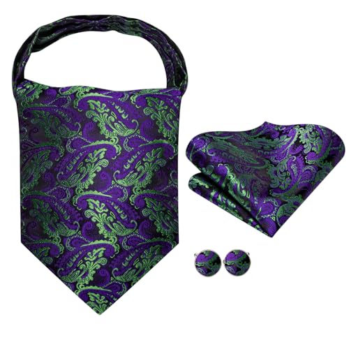 Image of Hi-Tie Silk Ascot for Men Self Tie Men's Cravat and Flower Lapel Pin Handkerchief Cufflinks Set for Wedding Party