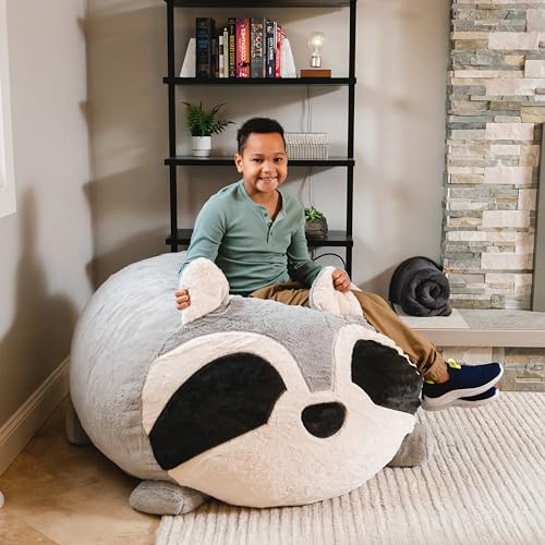 Image of Big Joe Wild Things Foam Filled Animal Bean Bag Chair with Removable Cover, Rocky Raccoon Snugglepuff, Soft Faux Fur, 4 feet Big