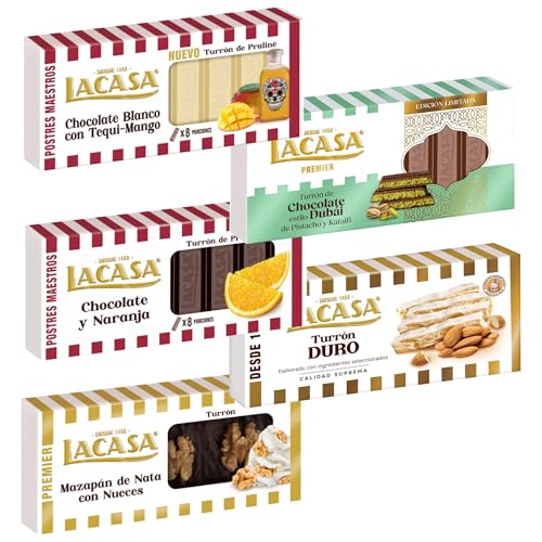 Pack Surtido 5 Turrones Lacasa:Mazapán de Nata con Nueces, Blanco con Tequi Mango, Chocolate y Naranja, Duro, Chocolate estilo Dubai